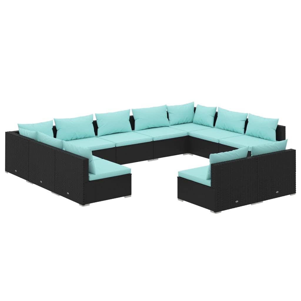 vidaXL 11 Piece Patio Lounge Set with Poly Rattan - Modular Outdoor Furniture with Cushions and Pillows, Black and Water Blue, D