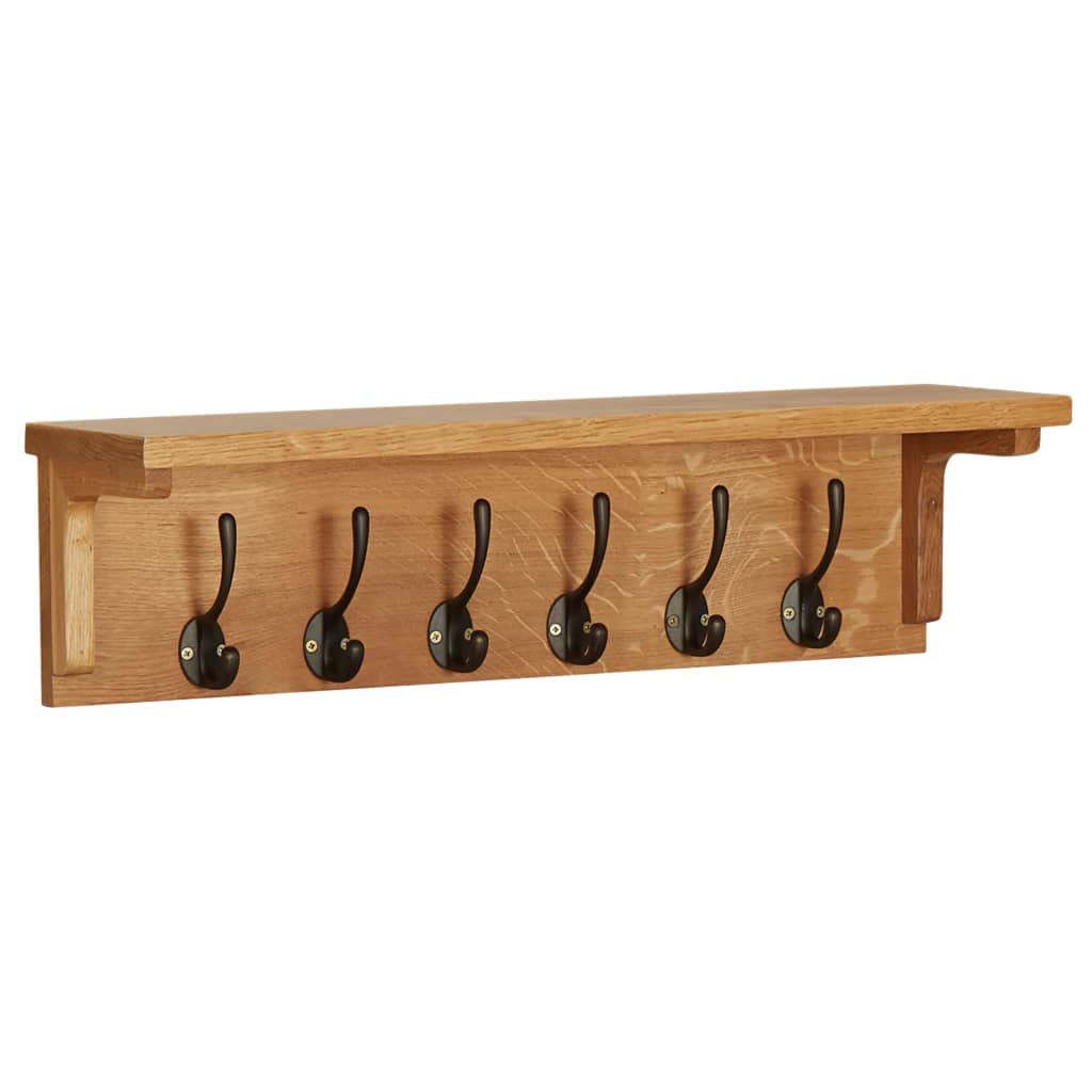 vidaXL Wall-Mounted Coat Rack in Solid Oak Wood with Natural Finish, Compact Stylish Storage Solution with 6 Hooks, Brown