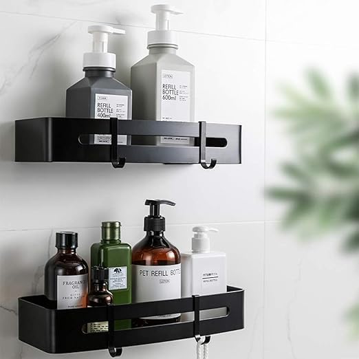Lamok SelfAdhesive Wall Mounted Bathroom Shelf With Hooks & Towel Holder  Multi Purpose Rack For Bathroom Accessories (Side Sh