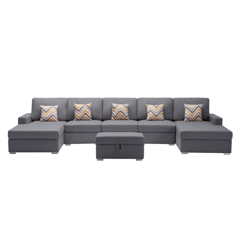Lilola Home Nolan Gray Linen Fabric 6Pc Double Chaise Sectional Sofa with Interchangeable Legs, Storage Ottoman, and Pillows