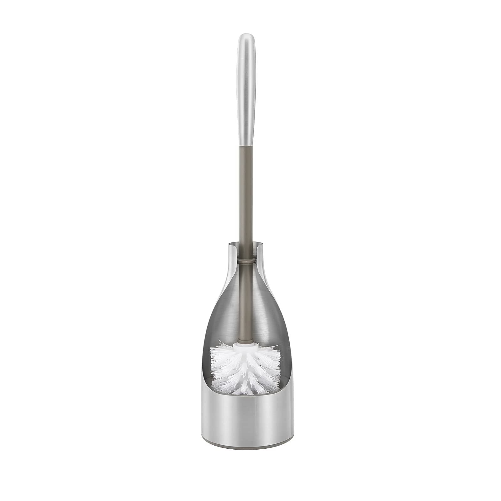 Polder Sleek Stainless Steel Toilet Brush with Caddy, Slim and Discreet Design, Open-Back Design for Odor Control, Rust-Resistan