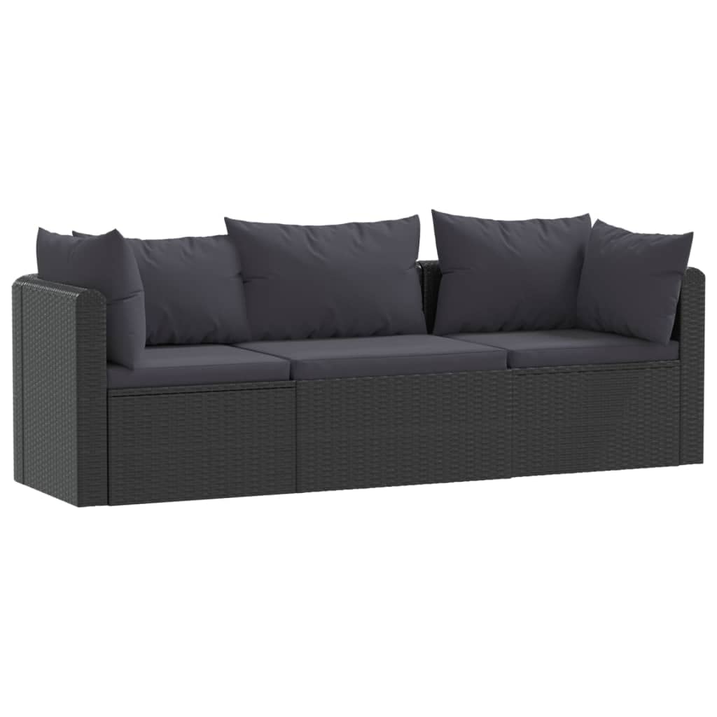 vidaXL 3 Piece Patio Sofa Set, Black Poly Rattan Outdoor Furniture with Cushions, Weather Resistant Material, Easy Assembly, Ideal for Courtyard, Poolside, Garden