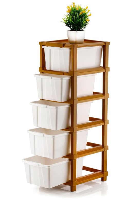 Plastic Modular White & Brown Color 5 Layer Drawer Storage Chest Of Drawers Organizer Storage Box, Large Stomo Racks For Multipu