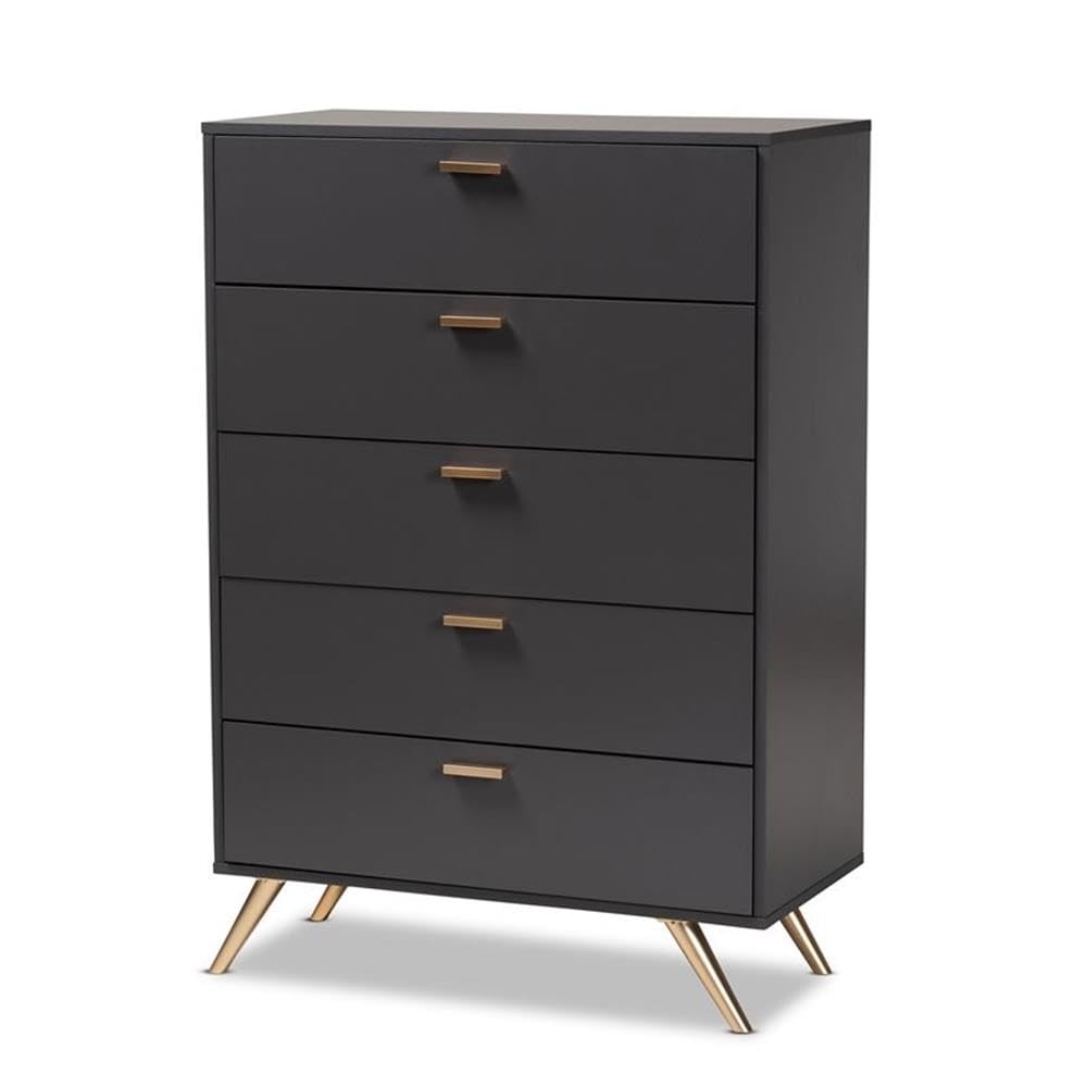 Baxton Studio Kelson Modern and Contemporary Dark Grey and Gold Finished Wood 5-Drawer Chest