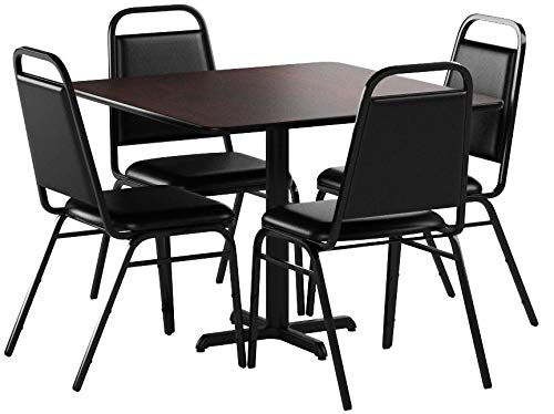 Flash Furniture Carlton 36'' Square Mahogany Laminate Table Set with X-Base and 4 Black Trapezoidal Back Banquet Chairs