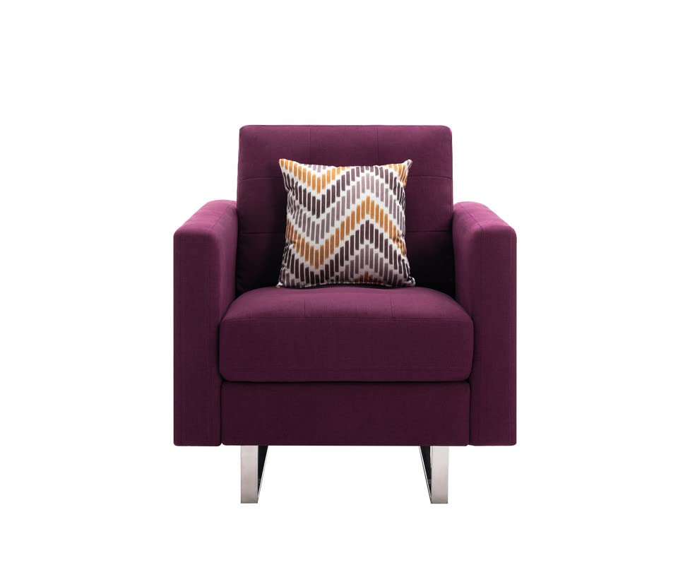 Lilola Home Victoria Purple Linen Fabric Armchair with Metal Legs, Side Pockets, and Pillow