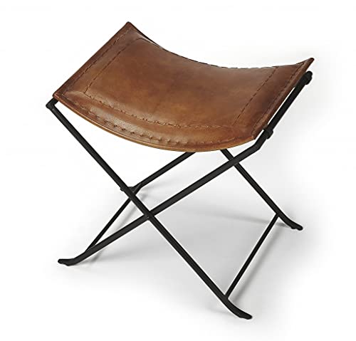 HomeRoots Medium Brown Iron, Urethane Foam, Leather Foldable Brown Leather Stool