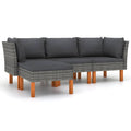vidaXL 4-Piece Farmhouse Modern Patio Lounge Set with Padded Cushions - Poly Rattan Construction and Solid Eucalyptus Wood Legs - Gray/Anthracite