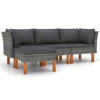 vidaXL 4-Piece Farmhouse Modern Patio Lounge Set with Padded Cushions - Poly Rattan Construction and Solid Eucalyptus Wood Legs - Gray/Anthracite