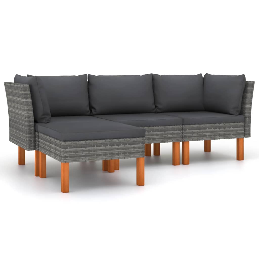 vidaXL 4-Piece Farmhouse Modern Patio Lounge Set with Padded Cushions - Poly Rattan Construction and Solid Eucalyptus Wood Legs - Gray/Anthracite
