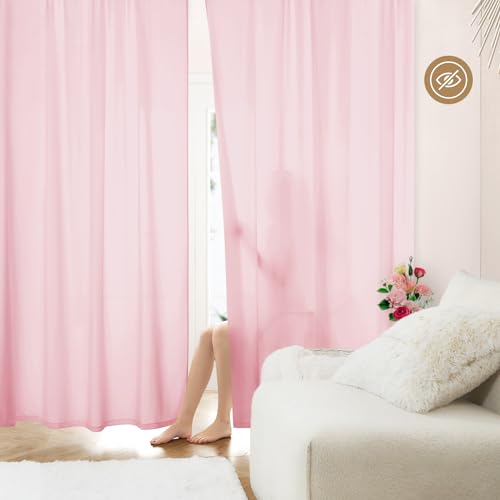 Homeideas Non-See-Through Light Pink Privacy Sheer Curtains 52 X 96 Inches Long 2 Panels Sheer Curtains Light Filtering Window Curtains Drapes For Bedroom Living Room