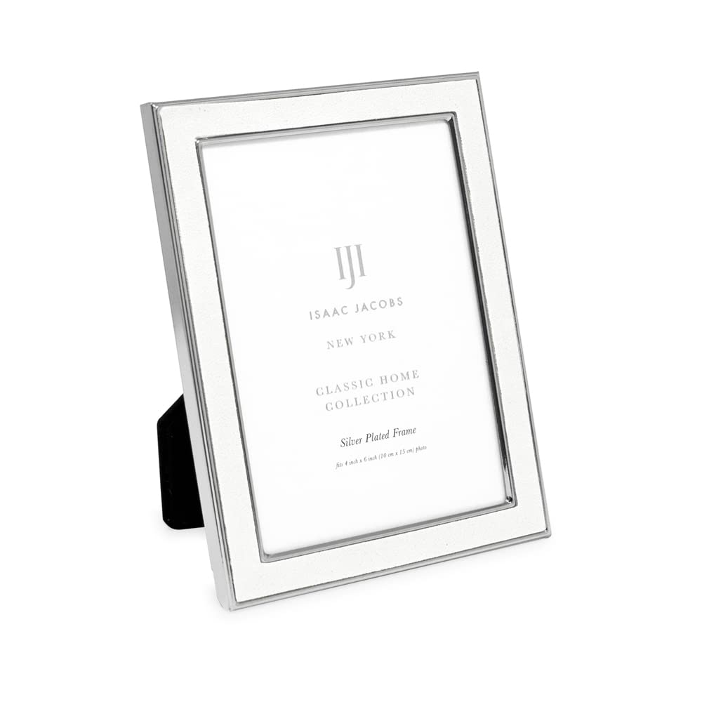 Isaac Jacobs 4x6 White Leather with Silver Metal (Vertical & Horizontal) Picture Frame, Suede Border w/Black Fabric Easel, Wall-
