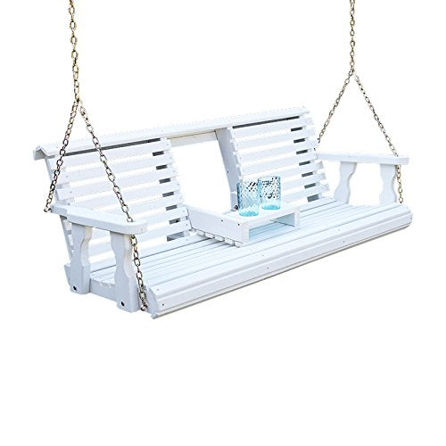 Porchgate Amish Heavy Duty Console Porch Swing with Fold Down Cup Holders in White Stain - Amish Made in The USA from Treated Pi