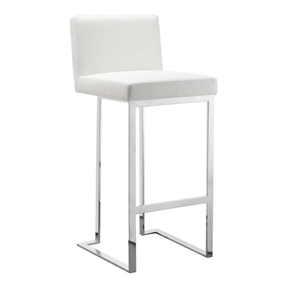 Pangea Home Dexter 30&quot; Modern Faux Leather & Polished Steel Bar Stool In White