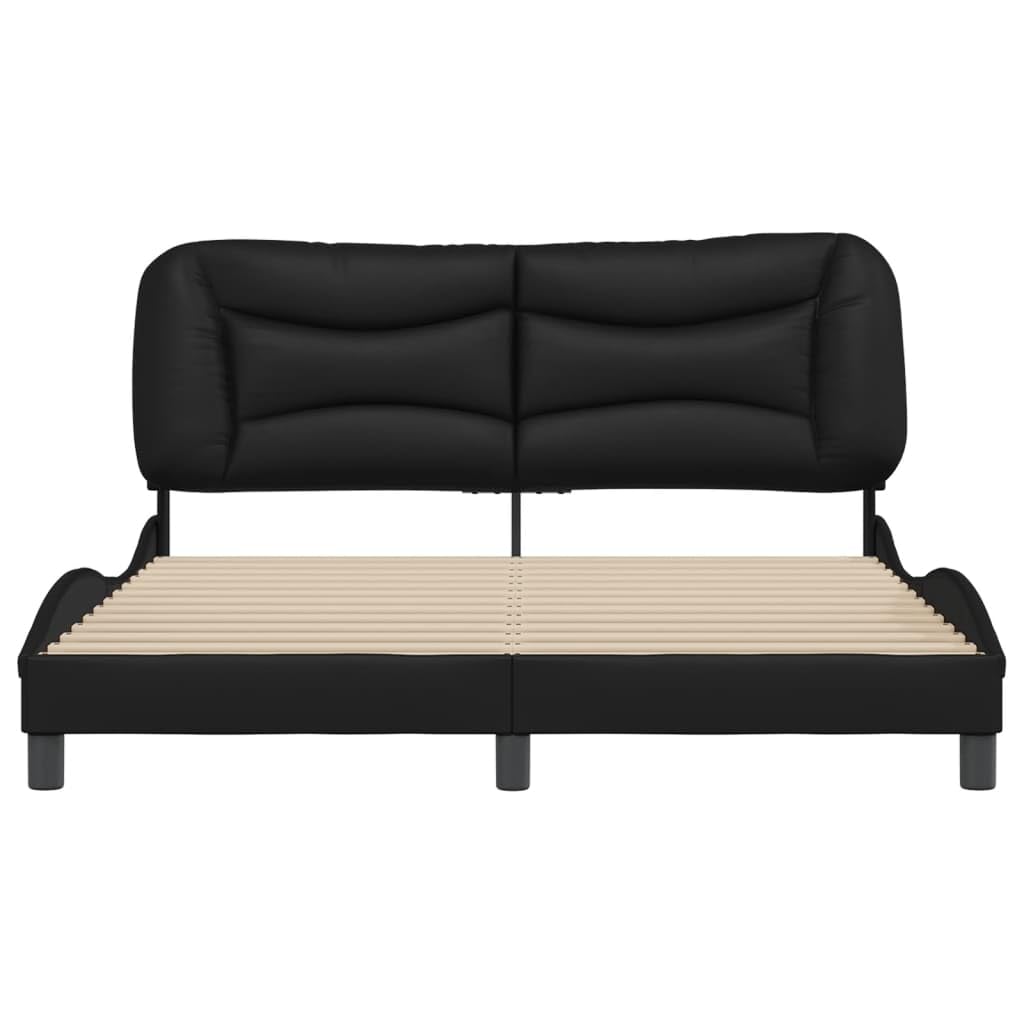 vidaXL Queen Bed Frame with Headboard - Black Faux Leather, Plywood Slats Support, Modern Wave Design, Bedroom Furniture, Metal & Pine Wood Structure
