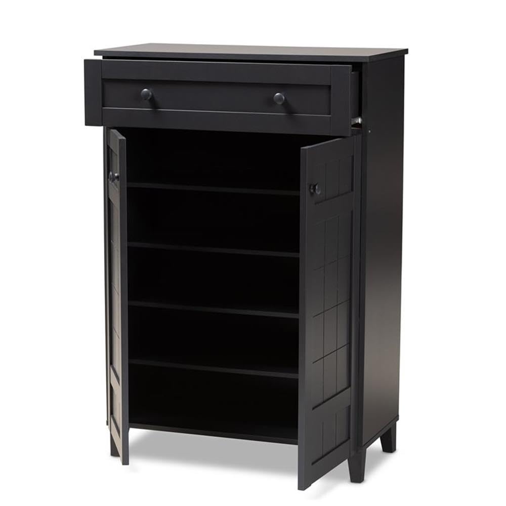 Baxton Studio Glidden Modern and Contemporary Dark Grey Finished 5-Shelf Wood Shoe Storage Cabinet with Drawer