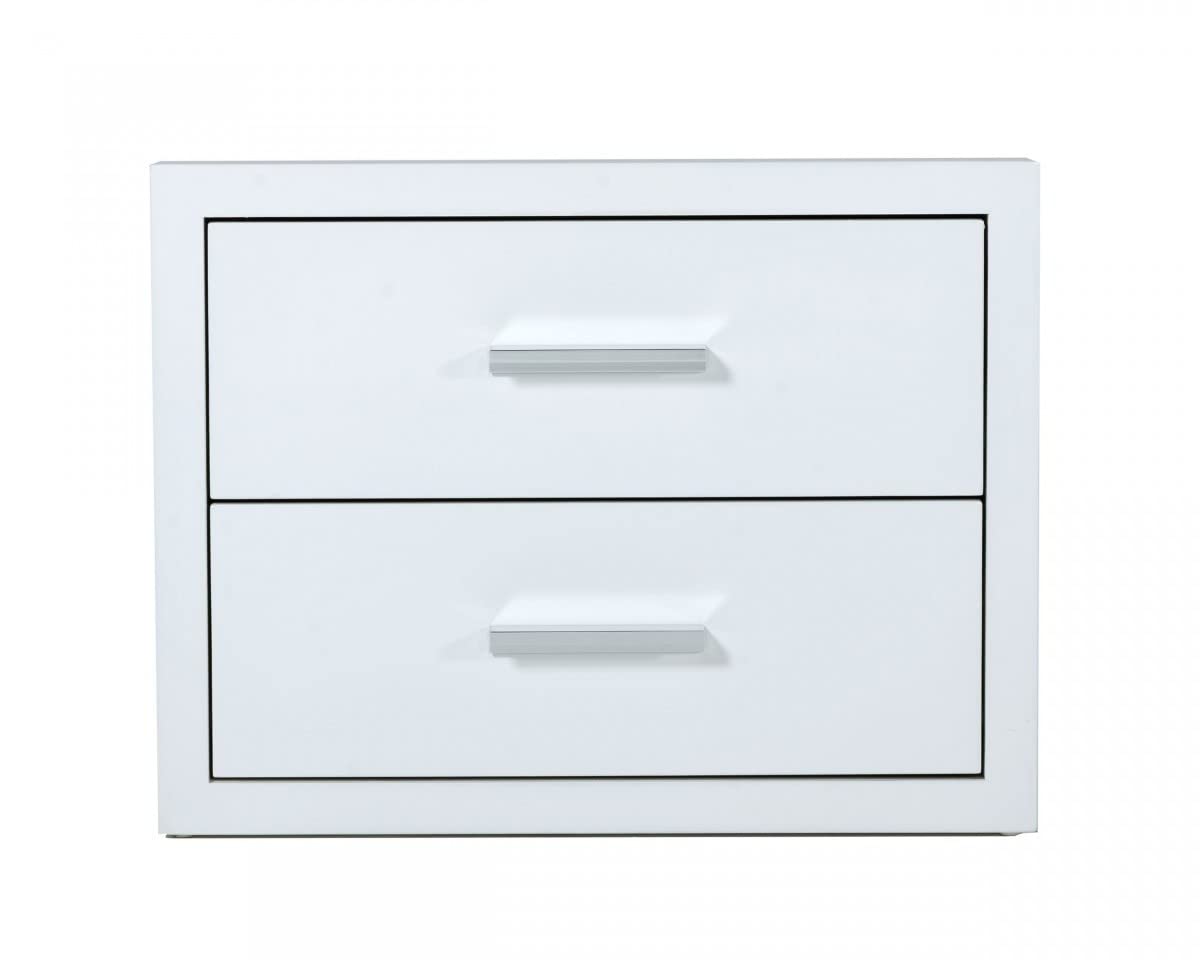 HomeRoots MDF, Steel Modern Glossy White Box Nightstand with Two Drawers