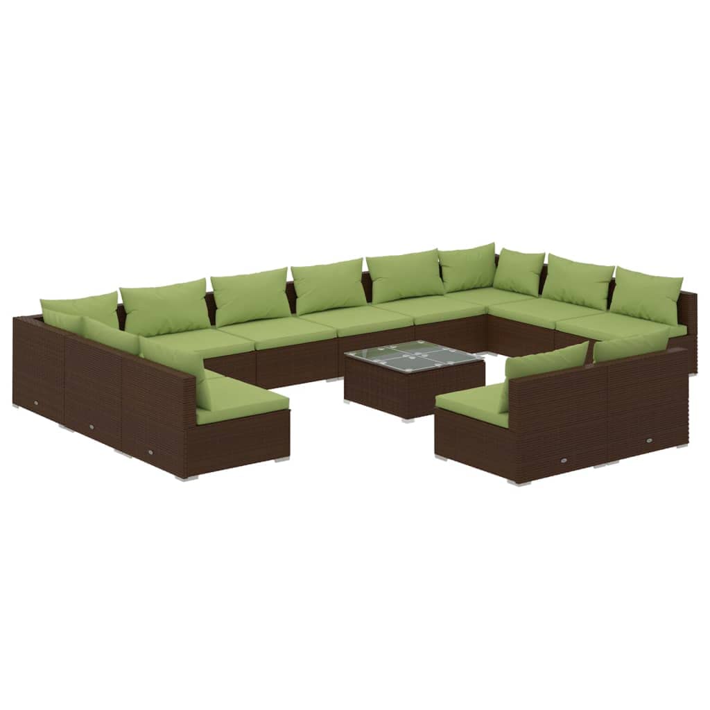 Vidaxl 13 Piece Stylish Patio Lounge Set Of Steel Frame, Plastic, Poly Rattan In Brown - Includes Comfortable Cushions, Pillows And Glass Top Coffee Table