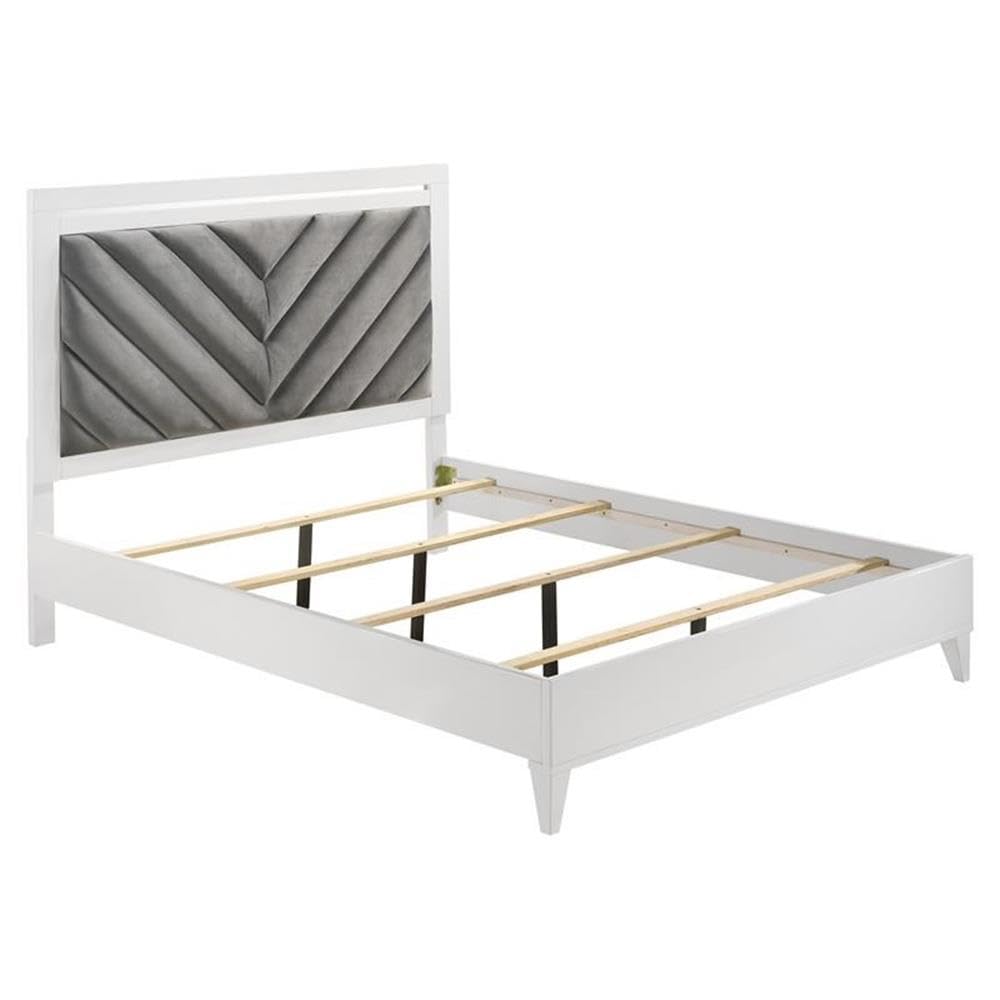 Acme Chelsie Wooden Eastern King Bed with Velvet Headboard in Gray and White
