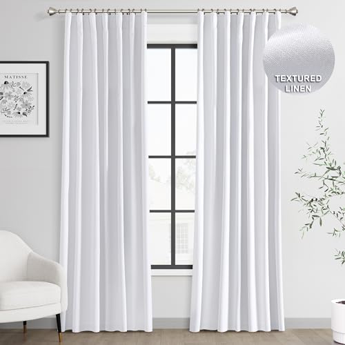 Joywell Linen 100% Blackout Curtains 84 Inches Length Long, Rod Pocket/Back Tab/Hook Belt/Clip Rings, Thermal Insulated Drapes Boho For Teen Girls Bedroom Living Room (2 Panels,52 X 84, White)