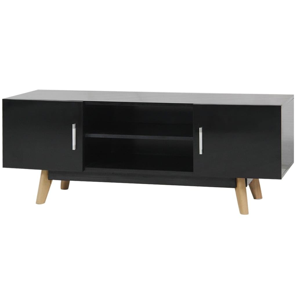 vidaXL Scandinavian Style TV Stand/Media Console - High Gloss Black Finish - MDF, Steel, and Beechwood - 47.2&quot;x15.7&quot;x18.1&quot;