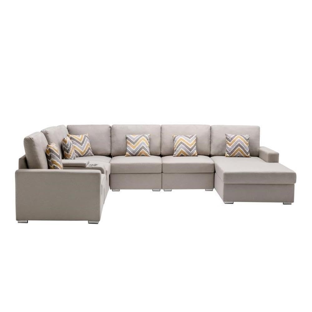 Lilola Home Nolan Beige Linen Fabric 7Pc Reversible Chaise Sectional Sofa with a USB, Charging Ports, Cupholders, Storage Console Table and Pillows and Interchangeable Legs