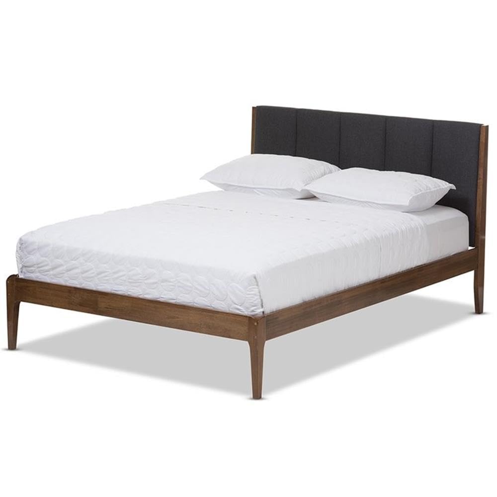 Baxton Studio Ember Mid-Century Dark Grey Fabric and Medium Brown Finish Wood Queen Size Platform Bed