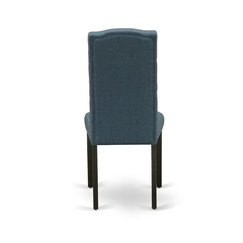 East West Furniture V697CE121-6 6 Piece Dining Set Contains a Cement Dining Room Table and a Kitchen Bench, 4 Blue Linen Fabric Upholstered Chairs with Button Tufted Back - Wire Brushed Black Finish