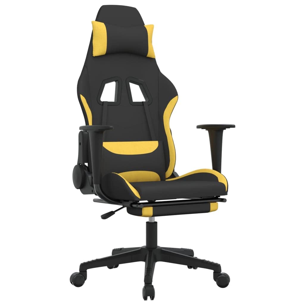 vidaXL Black and Yellow Fabric Gaming Chair with Footrest, Adjustable Backrest and Height, Massage Feature, Durable Metal and Plywood Frame