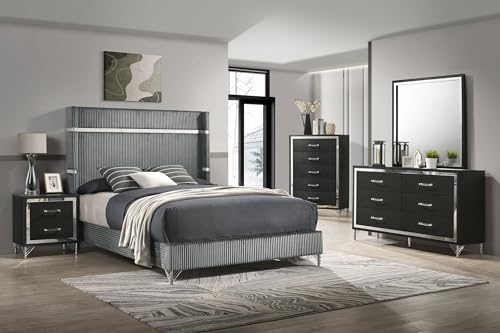Coaster Home Furnishings Lucia Modern Classic 5-Piece Bedroom Set Velvet Upholstered Eastern King Size Wingback Bed Frame 61-inch Headboard Grey and Black 224991KE-S5