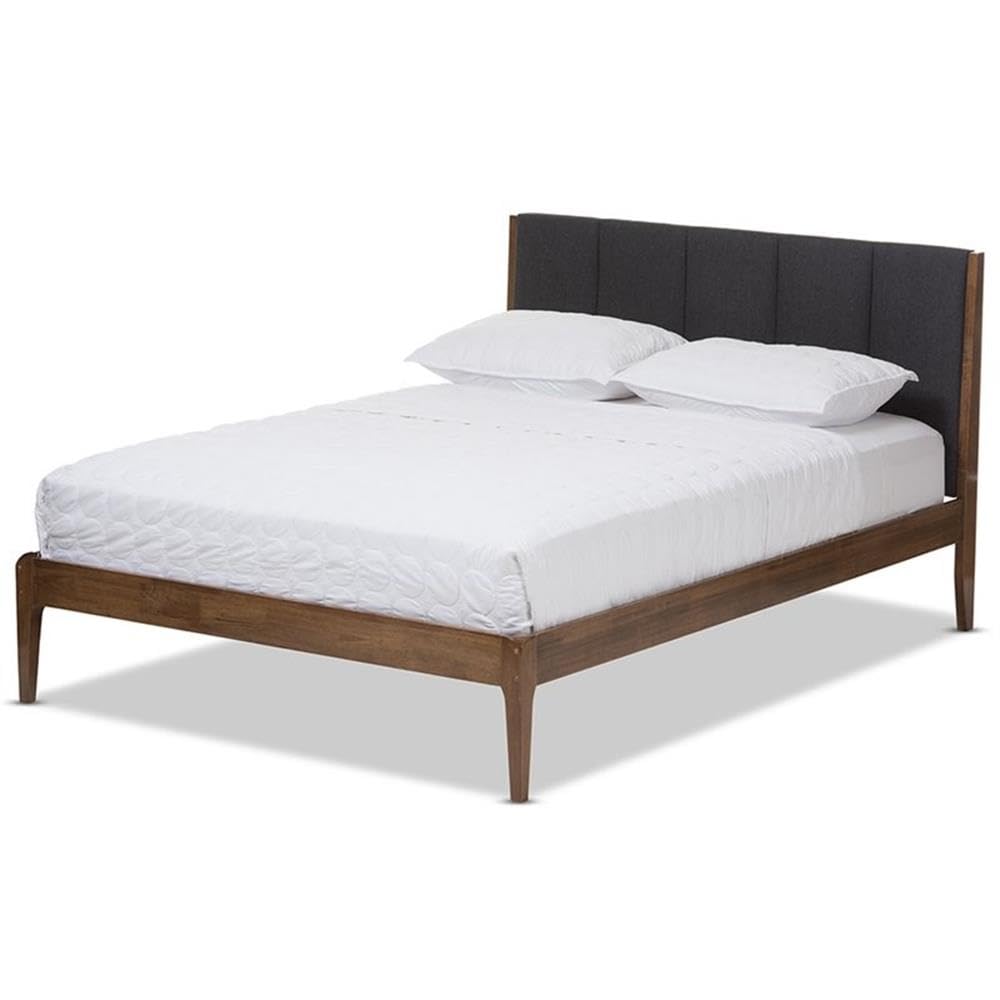 Baxton Studio Ember Mid-Century Dark Grey Fabric and Medium Brown Finish Wood Full Size Platform Bed