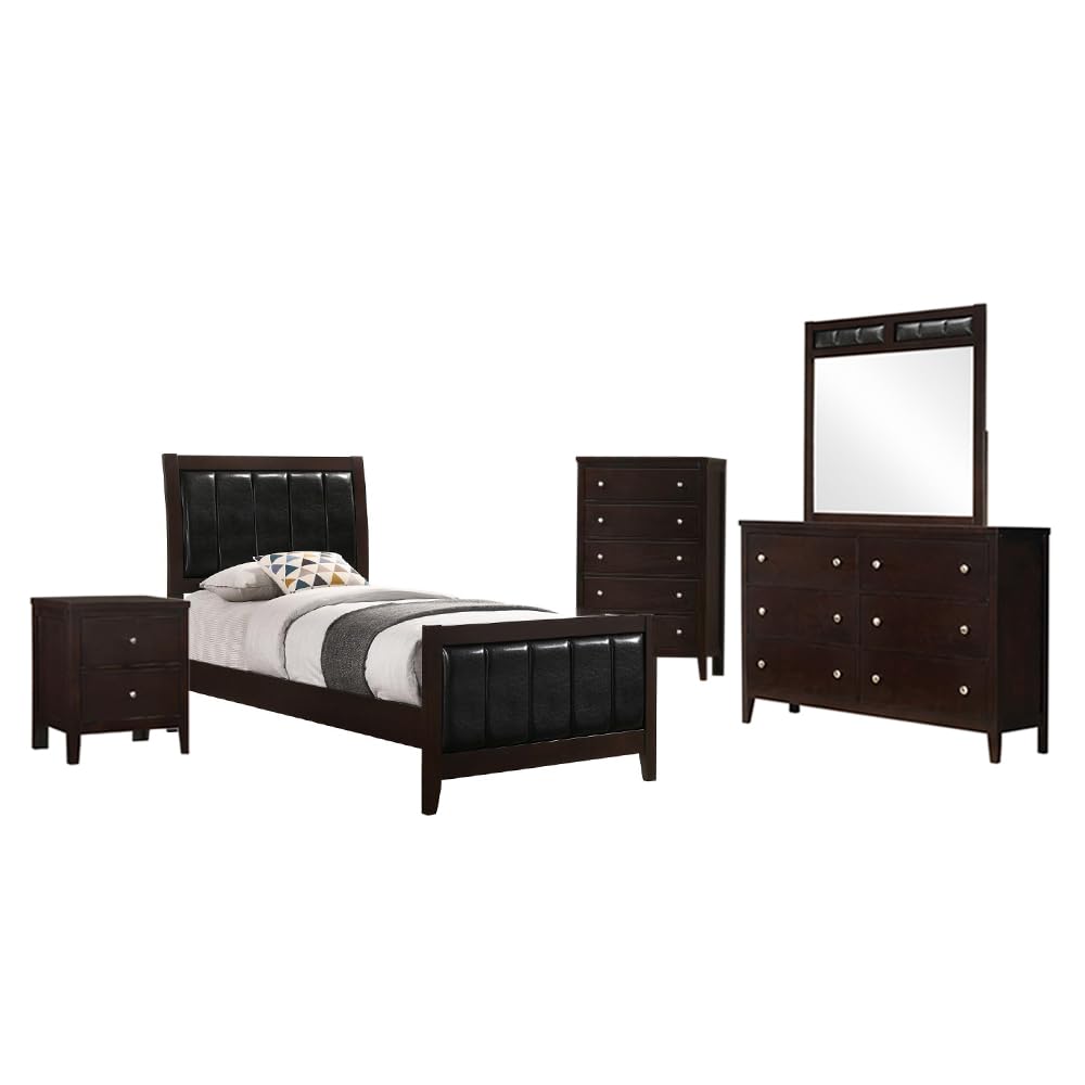 Coaster Home Furnishings Carlton Contemporary 5-Piece Bedroom Set Leatherette Upholstered Twin Size Panel Bed Frame 51-inch Headboard Cappuccino 202091T-S5