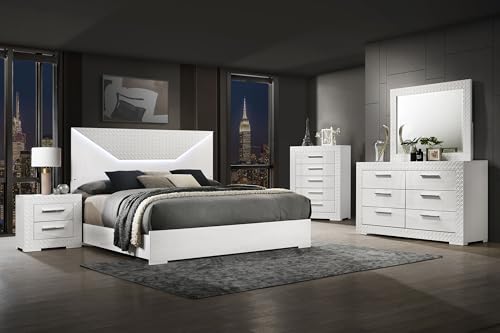 Coaster Home Furnishings Ives Contemporary 5-Piece Bedroom Set Queen Size LED Panel Bed Frame 57-inch Headboard White High Gloss 224941Q-S5