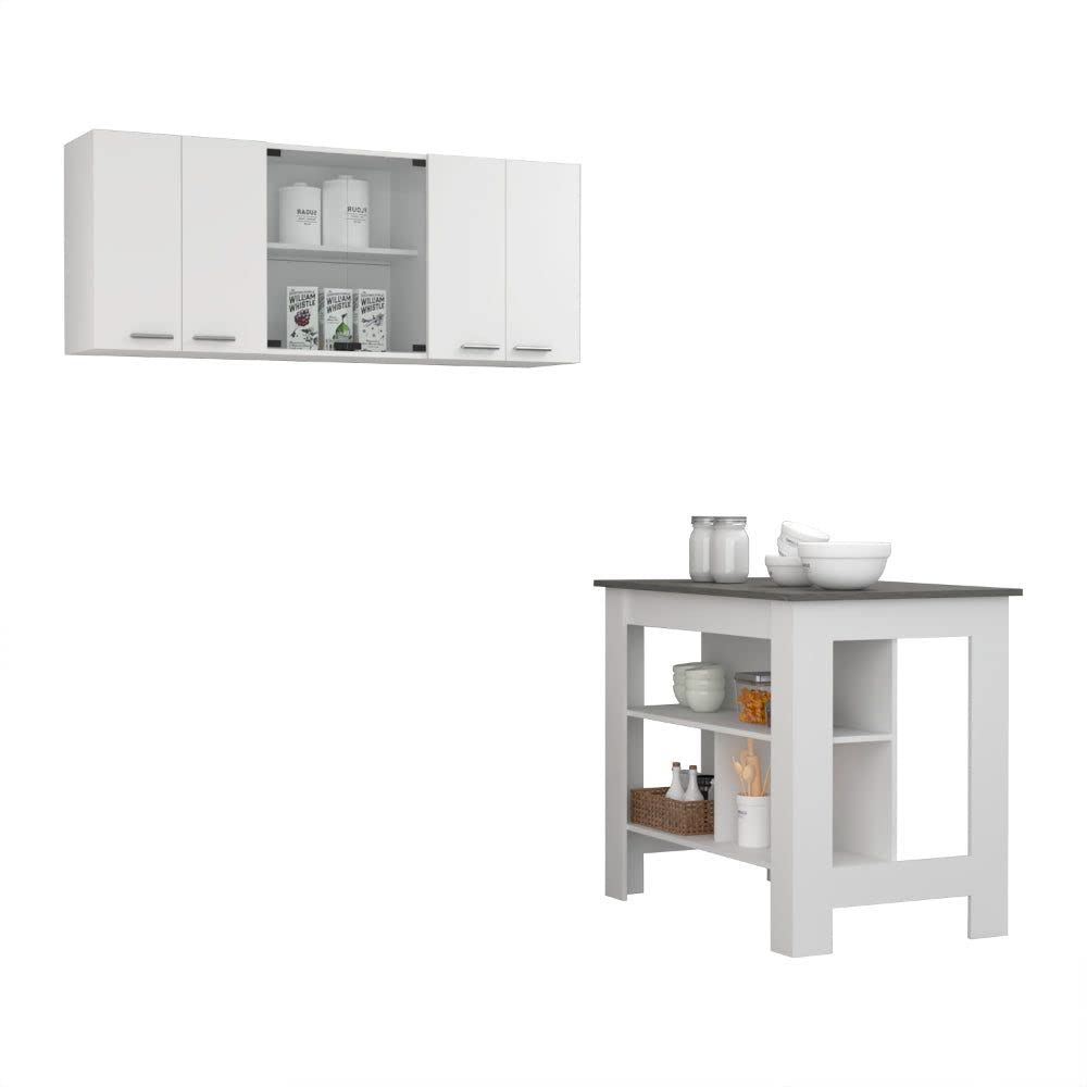 FM FURNITURE Norfolk 2 Piece Kitchen Set, Kitchen Island and Upper Wall Cabinet with Glass Door Cabinet, 2 Double-Door Cabinets, 3 Shelves, White/Onyx