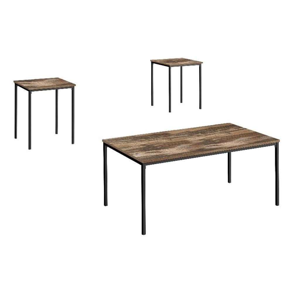 Monarch Specialties I 7893p Table Set, 3pcs Set, Coffee, End, Black Metal, Brown Reclaimed Laminate, Contemporary, Modern