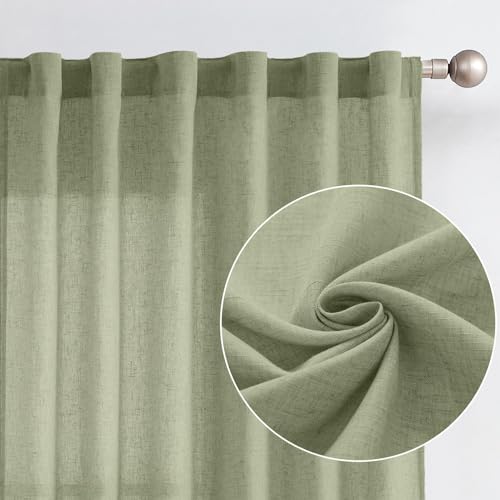 Jinchan Green Linen Blend Curtains 72 Inches Long For Living Room Farmhouse Rod Pocket Back Tab Light Filtering Window Drapes For Bedroom Curtains Crude 2 Panels Sage Green