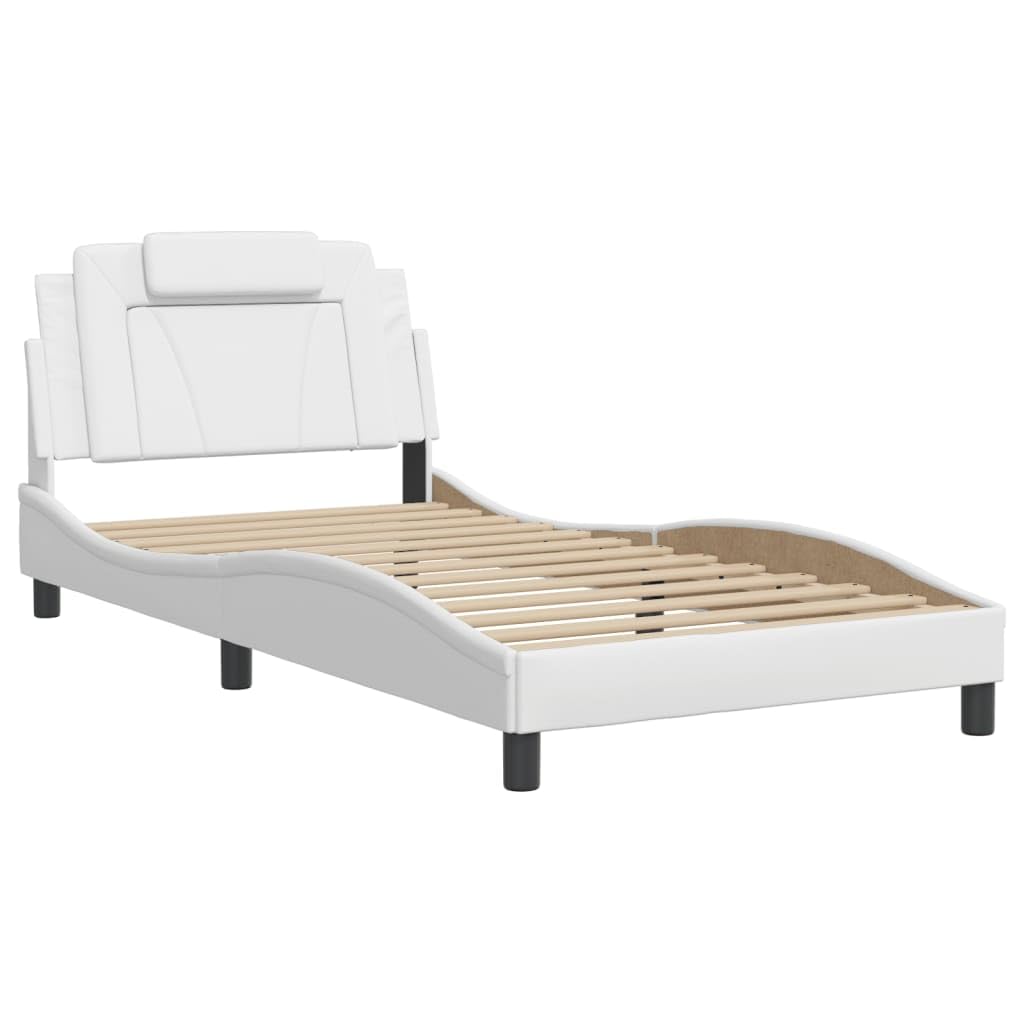 vidaXL Twin XL Faux Leather Bed Frame with LED Lights - White, Sturdy Plywood Slats, Modern Style for Contemporary Bedroom