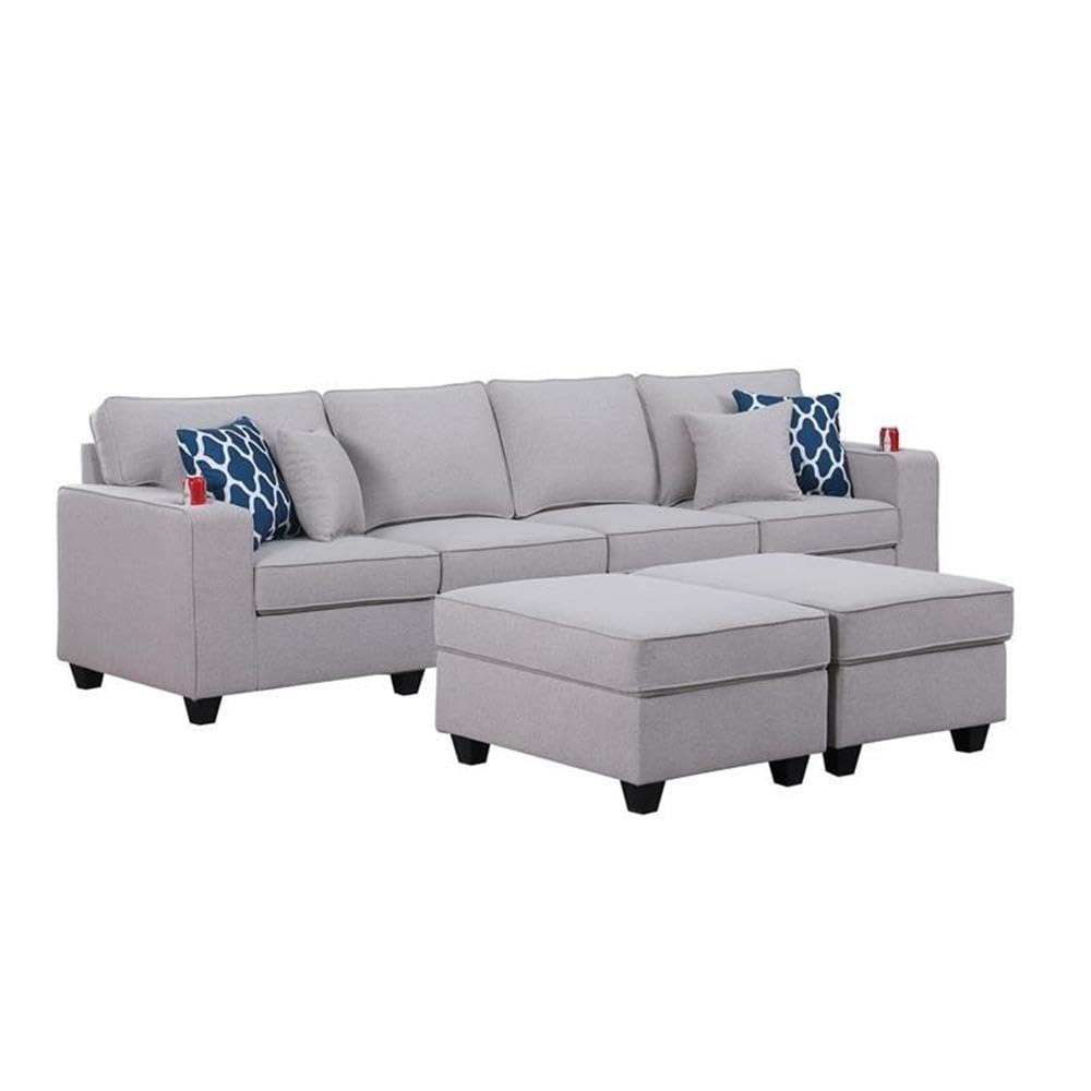 Lilola Home Cooper Light Gray Linen 4-Seater Sofa with 2 Ottomans and Cupholder