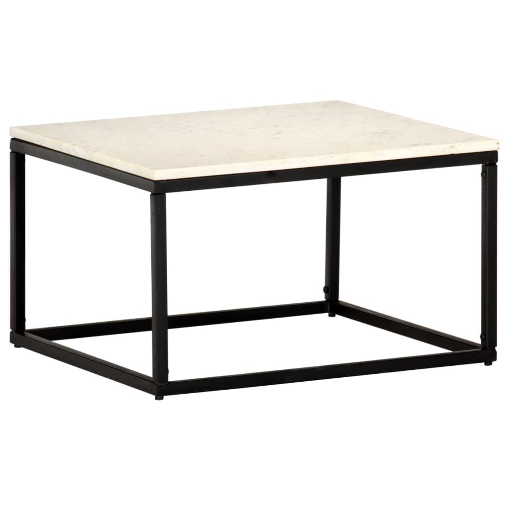 vidaXL White Real Stone Marble Texture Coffee Table - Modern End Table 23.6"x23.6"x13.8" with Black Iron Frame for Living Room, Bedroom, Indoor