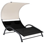 vidaXL Dual Sun Lounger with Canopy - Indoor/Outdoor Black Textilene Lounge Bed with Pillows and Steel Frame