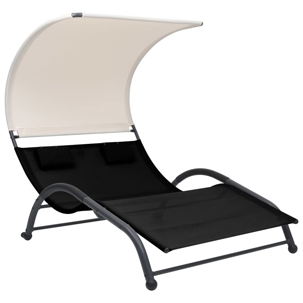 vidaXL Dual Sun Lounger with Canopy - Indoor/Outdoor Black Textilene Lounge Bed with Pillows and Steel Frame