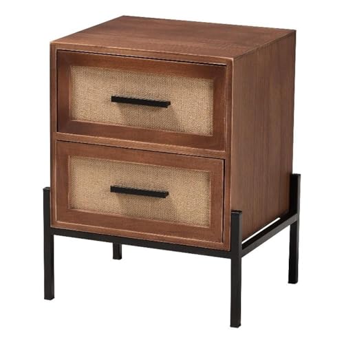 Baxton Studio Paxley Mid-Century Modern Industrial Walnut Brown Finished Wood and Beige Fabric 2-Drawer End Table