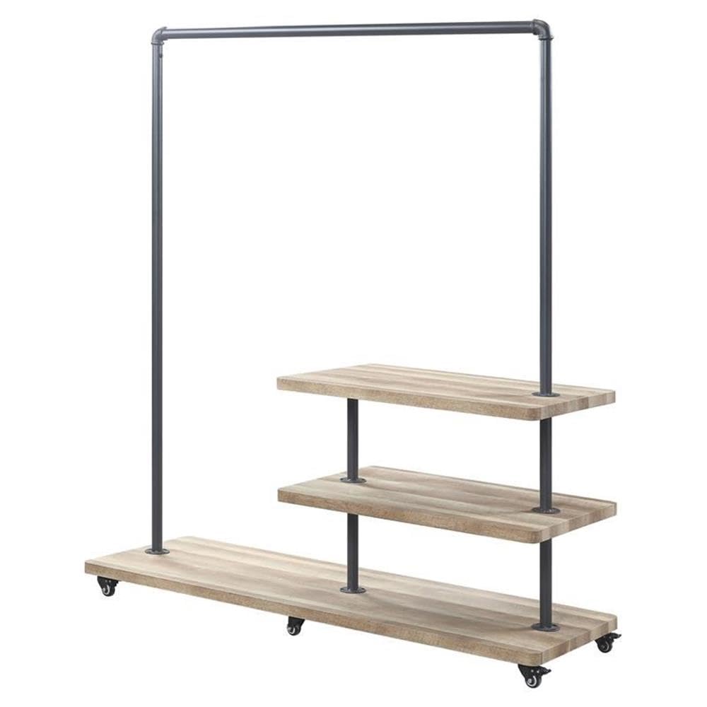Acme Display Hanger Rack Acme Brantley Metal Hanger Rack with 3 Wooden Tier Shelf in Oak and Sa ...