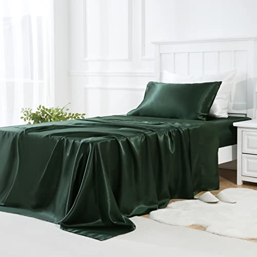 Golal Satin Sheets Twin Xl Size - 3 Pieces Luxury Silky Soft Bed Sheets, Wrinkle-Free Dark Green Satin Silk Sheet Set With 1 Dee