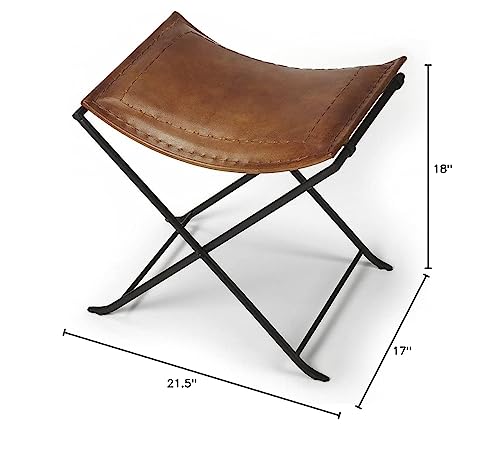HomeRoots Medium Brown Iron, Urethane Foam, Leather Foldable Brown Leather Stool