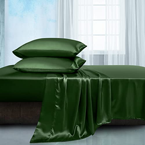 Manyshofu Satin Full Sheets Set 4 Piece - Soft Silky Satin Sheets Set, Emerald Green Satin Bed Sheets Cooling & Luxury Bedding S
