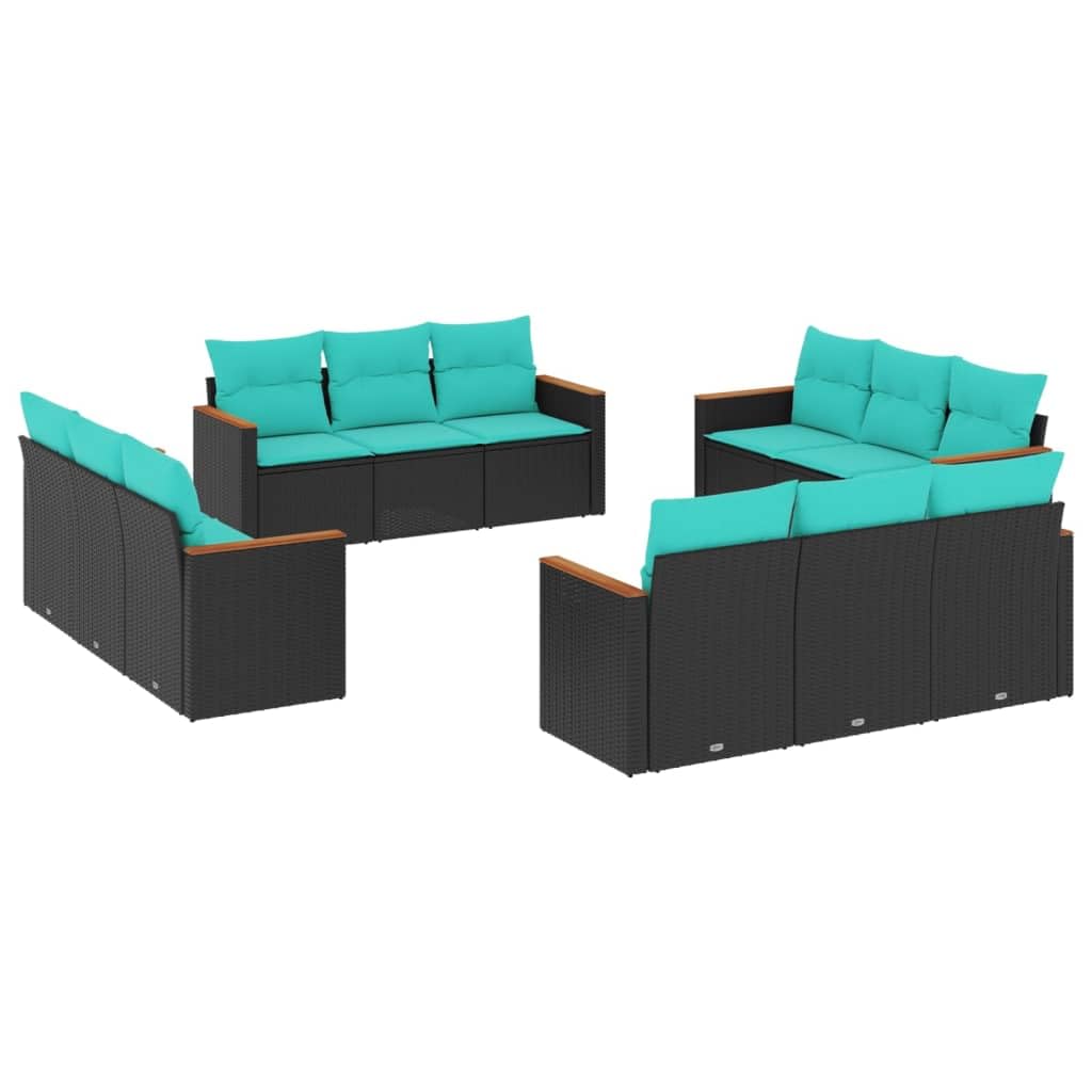 vidaXL Patio Sofa Set with Cushions - 12 Piece Outdoor Furniture, Black Poly Rattan, Modular Design, Storage Function
