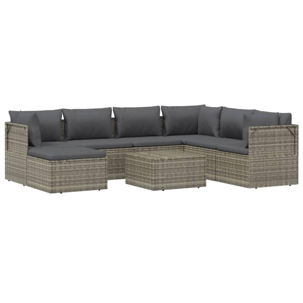 vidaXL 8-Piece Patio Lounge Set with Cushions - Weather-Resistant Poly Rattan Material and Steel Frame - Comfortable Seating with Storage Space - Gray