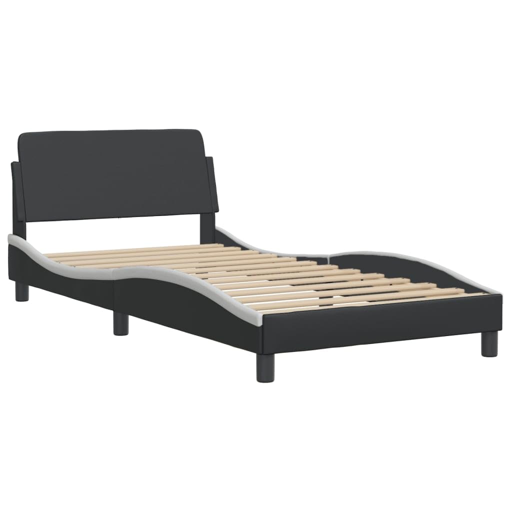 vidaXL Single Bed Frame with Headboard - Black/White, Faux Leather, Plywood Slats, 39.4&quot;x74.8&quot; Mattress Size, Modern Design