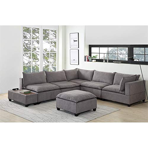 Lilola Home Madison Dark Gray Fabric 7Pc Modular Sectional Sofa with Ottoman and USB Storage Console Table